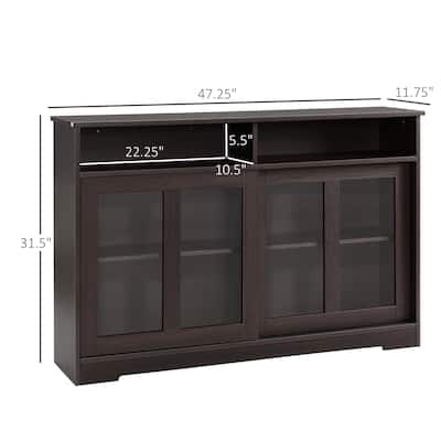 Dark Brown Wood Grain Sideboard with Glass Doors Sliding Storage Cabinet for Kitchen and Dining Room