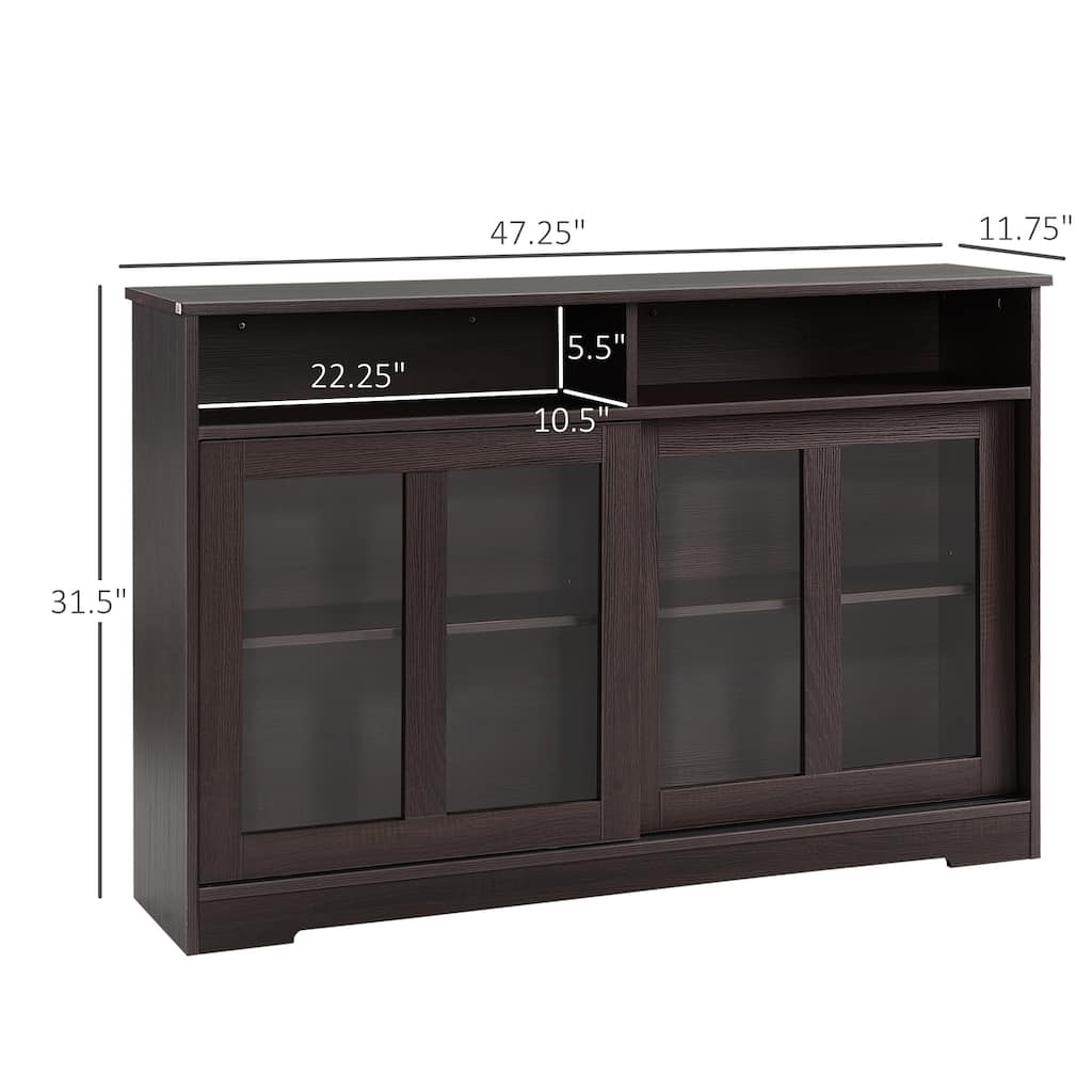 Dark Brown Wood Grain Sideboard with Glass Doors Sliding Storage Cabinet for Kitchen and Dining Room