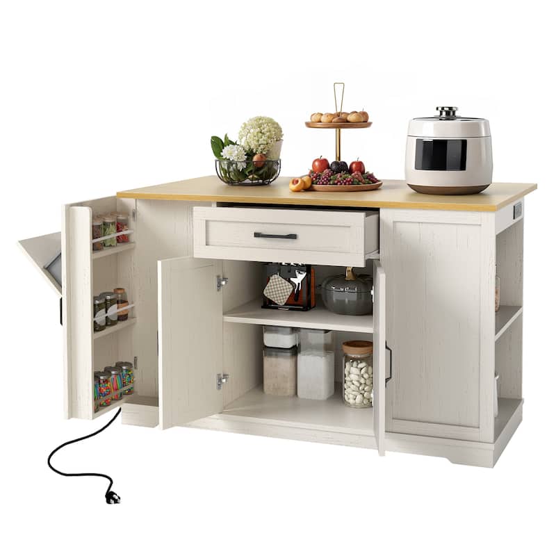 Moasis Rolling Kitchen Island with Trash Can Storage and Power Outlet &Spice Rack