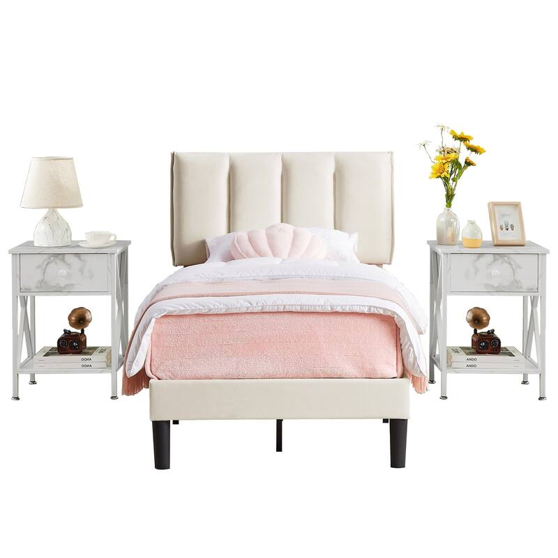 VECELO 3-Pieces Tufted Upholstered Beige Platform Bed Frame with Adjustable Height Headboard and Nightstands Set of 2