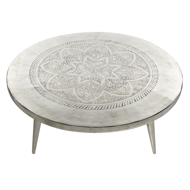 Aluminum Metal Floral Engraved Coffee Table with Tripod Legs - Silver - Roche River Decor - 35"Wx35"Lx16"H