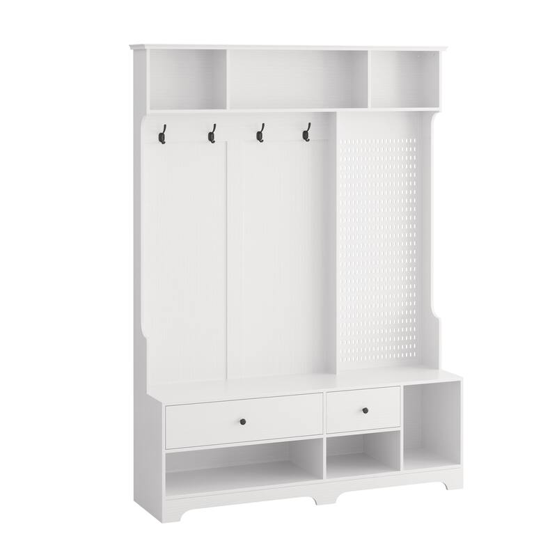 Hallway Hall Tree with Removable Linen Cushioned Entryway Bench, Coat Rack, Storage Shelves, and DIY Pegboard