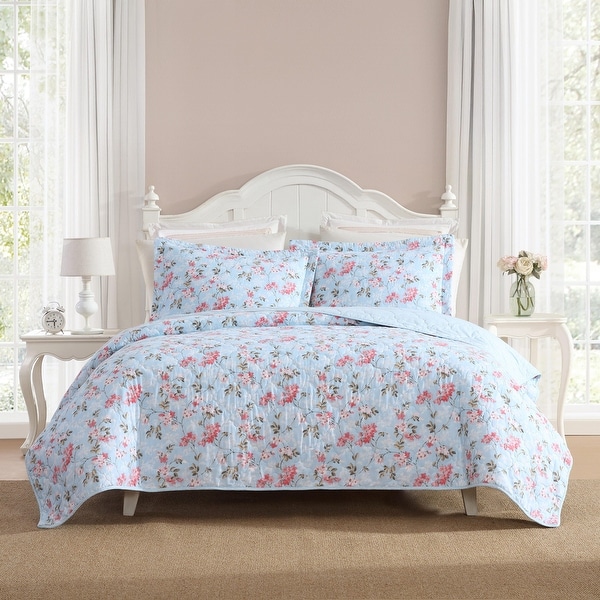 Laura Ashley Blissful Dream Cotton Reversible Blue Quilt Set - On