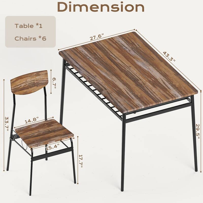 7-Piece Dining Table Set for 6, 43.3'' Kitchen Table and Wood Chairs with Storage and Backrest