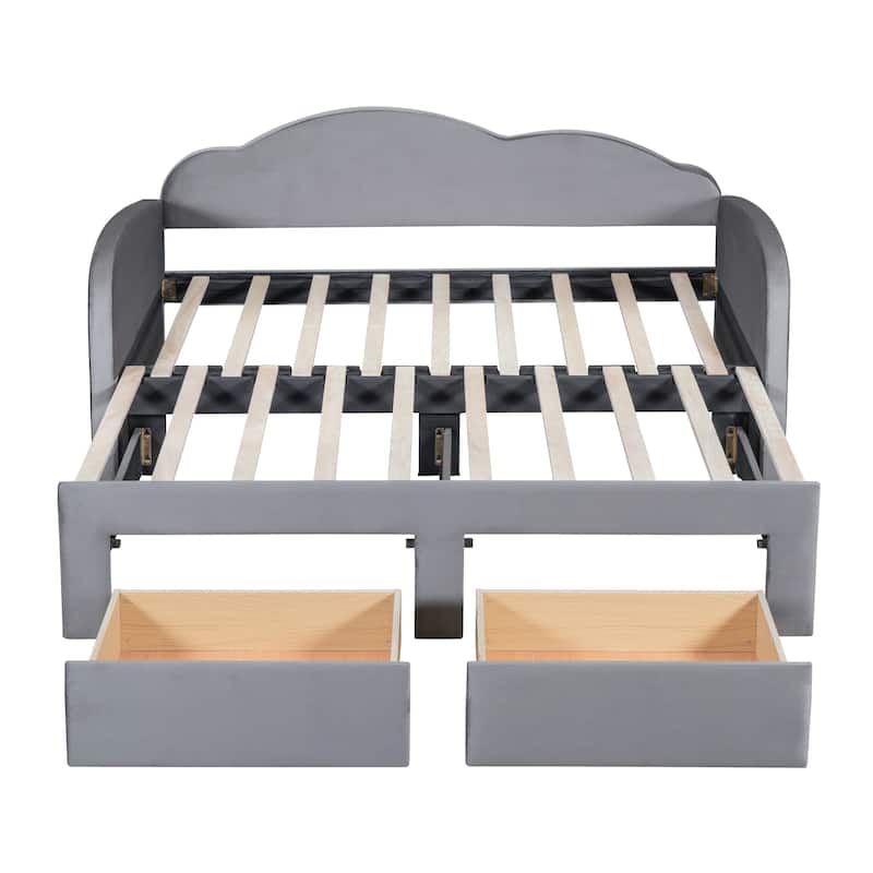 Twin Size Upholstered Daybed with Cloud-Shaped Backrest, Trundle, 2 Drawers, and USB Ports, Gray