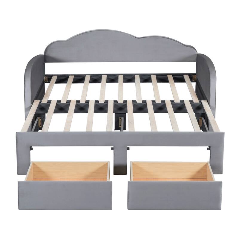 Twin Upholstered Daybed with Cloud Backrest, Pop-Up Trundle, USB Ports, and 2 Drawers, Space-Saving Design for Guest Rooms