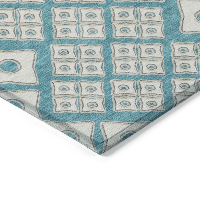 Blue And Ivory Geometric Washable Indoor Outdoor Area Rug - 3' x 5'