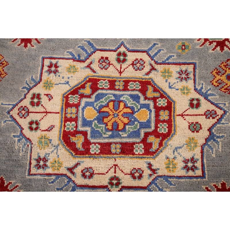 Gray Geometric Kazak Oriental Area Rug Hand-Knotted Wool Carpet - 4'11" x 6'10"