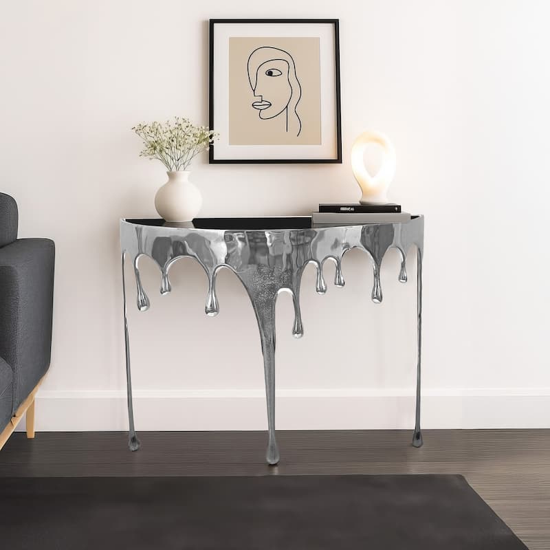 Capri Sofa Console Table, 36.25" Half Moon Glass Top, Melting Drip Design Aluminum Cast Silver - Silver, Black.