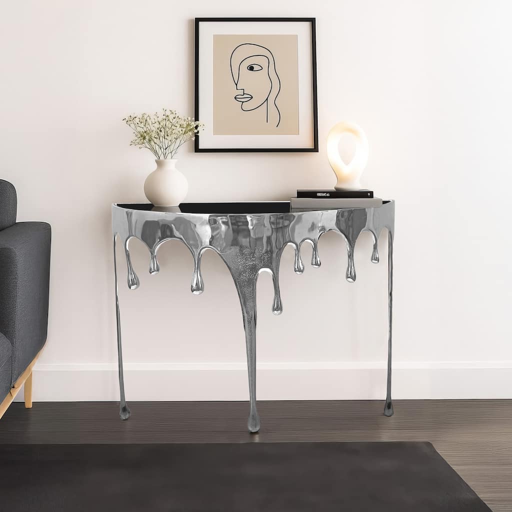 Capri Sofa Console Table, 36.25" Half Moon Glass Top, Melting Drip Design Aluminum Cast Silver
