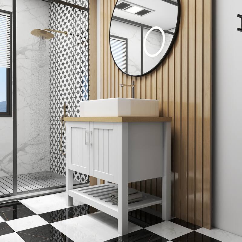 GDFStudio - 32" Bathroom Vanity with Sink, Single Cabinet with Doors and Open Shelf, Solid Wood Small Vanity Set