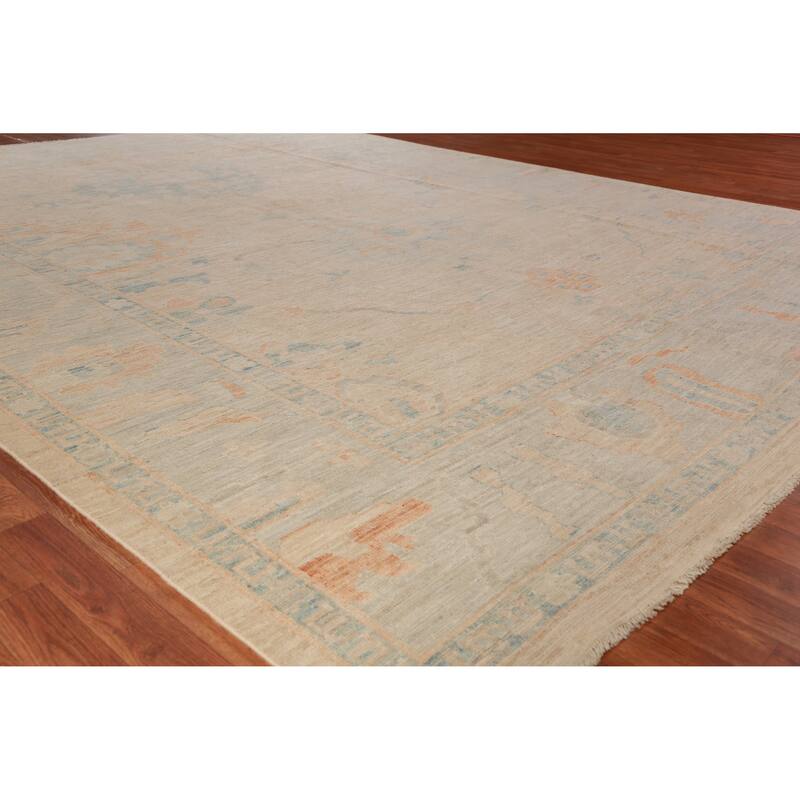 Hand Knotted Oriental 100% Wool Carpet Transitional All-Over Peach Oushak Area Rug - 12' 2'' X 9' 5''