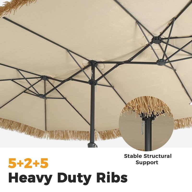 15 ft Tiki Thatched Umbrella with Sandbags Base, Hawaiian, Pool, Patio, Beach