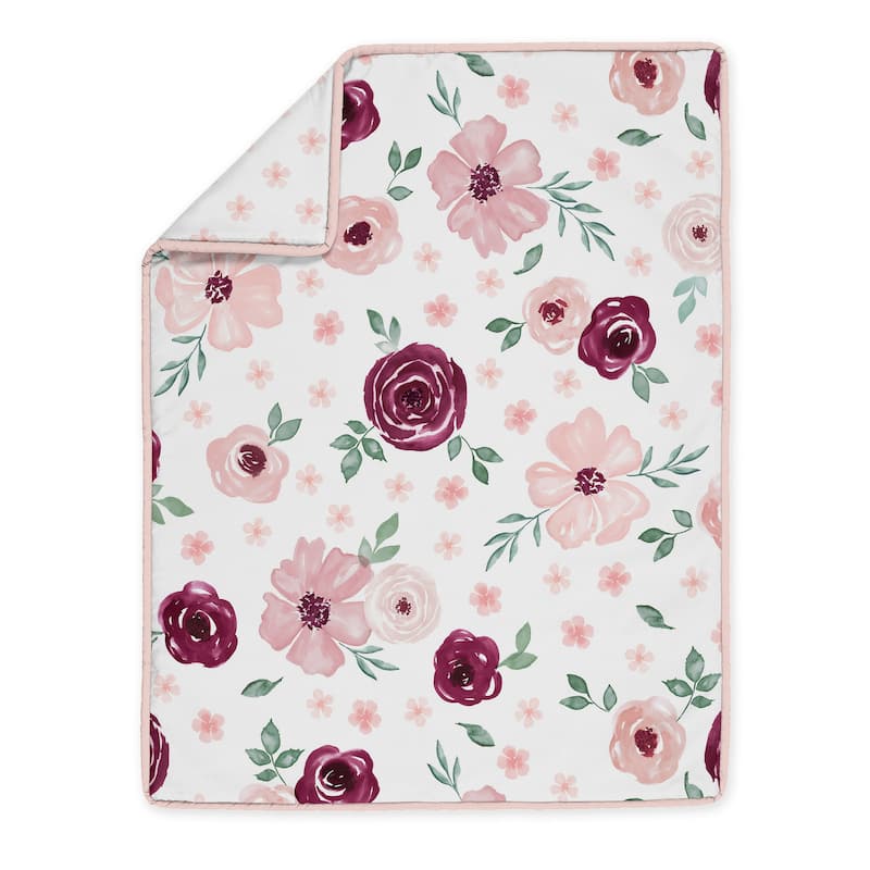 Burgundy Pink Watercolor Floral Girl 4pc Nursery Crib Bedding Set - Blush Maroon Wine Rose Green Shabby Chic Flower Farmhouse