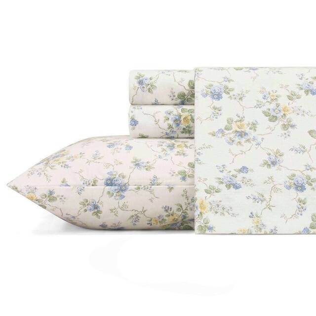 Laura Ashley Cotton Flannel-Soft-Deep Pocket-Sheet & Pillowcase Set - le fleur - King