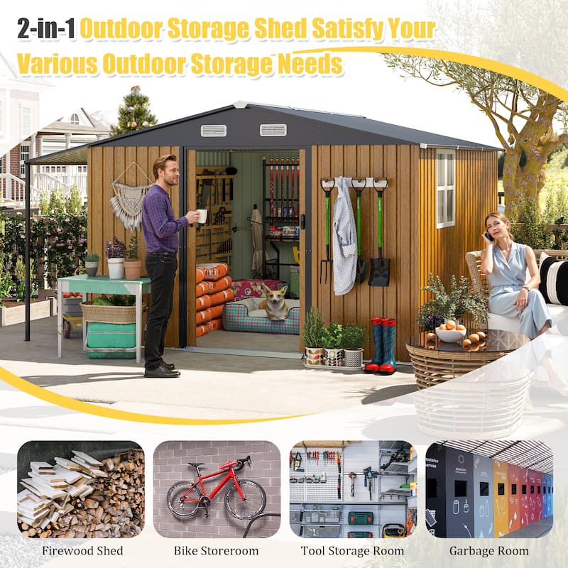 10x12 Ft Outdoor Storage Shed, Extra Large Metal Shed with Lockable Doors, Windows, Outside Steel Tiny House Ideal
