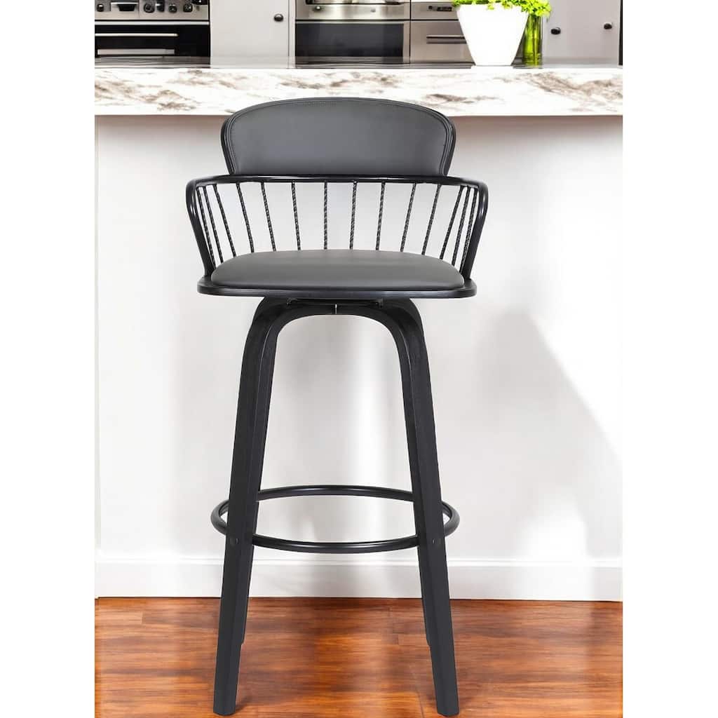 26" Gray And Black Faux Leather Swivel Low Back Counter Height Bar Chair