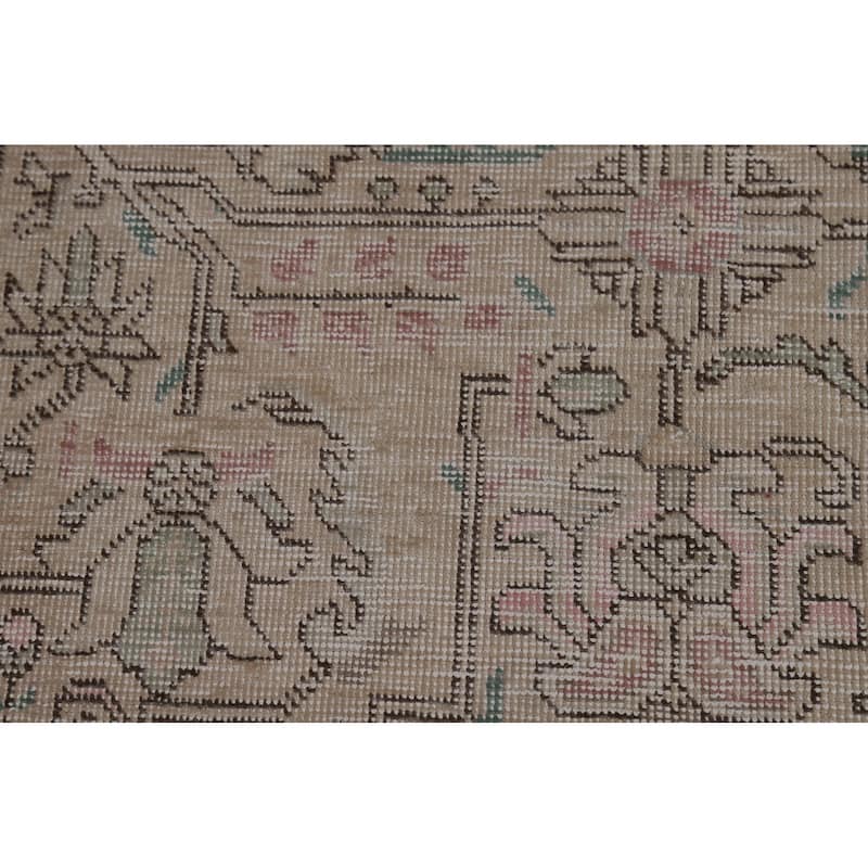 Geometric Beige Tabriz Persian Vintage Rug Hand-Knotted Wool Carpet - 7'10" x 11'0"