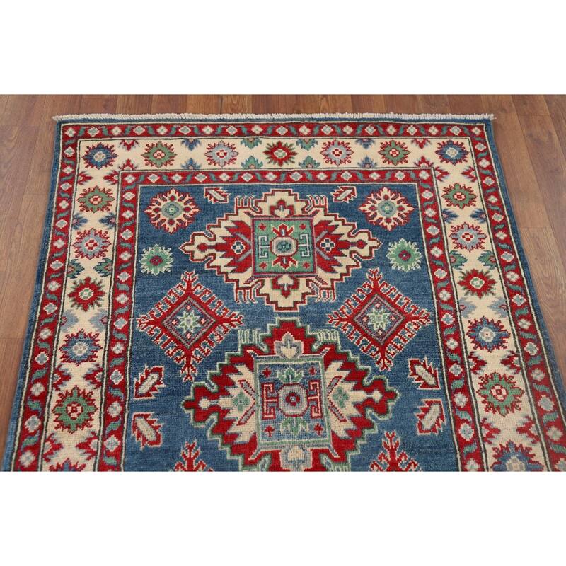 Blue Kazak Accent Rug Handmade Wool Carpet - 3'4" x 4'10"