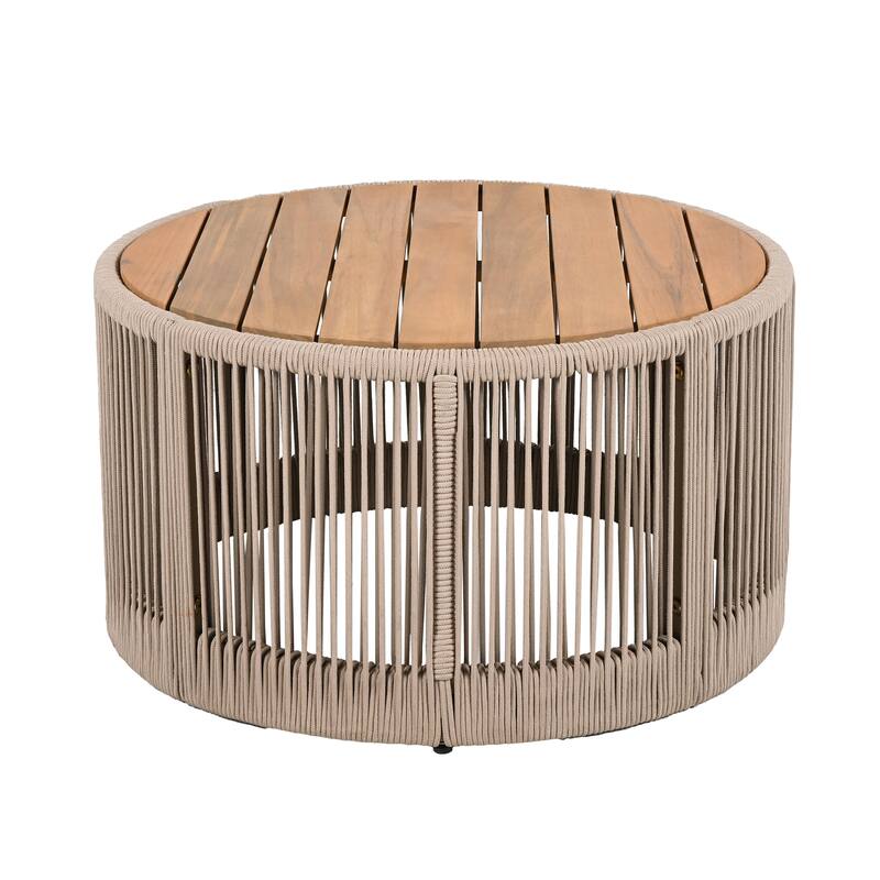 Modern Coffee Table Outdoor Rattan Rope Coffee Table with Acacia Wood Tabletop, for Garden, Patio, Balcony