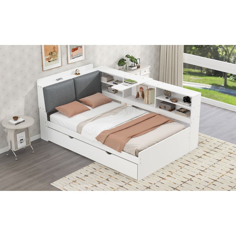 Twin Size Platform Bed with Trundle Bed, Built-in Storage Headboard, Shelves, and Rotating Board, Upholstered Backrest
