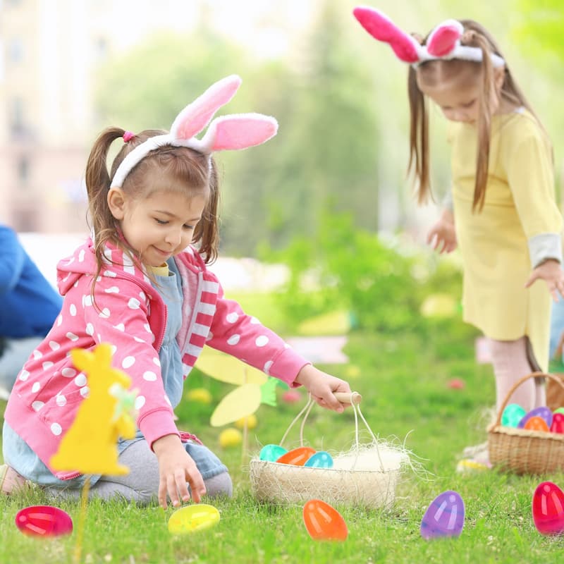 Easter Printed Plastic Eggs Basket Stuffer for Easter Egg Hunt Event, Party Favor Goodie Bags, Scene and Decoration