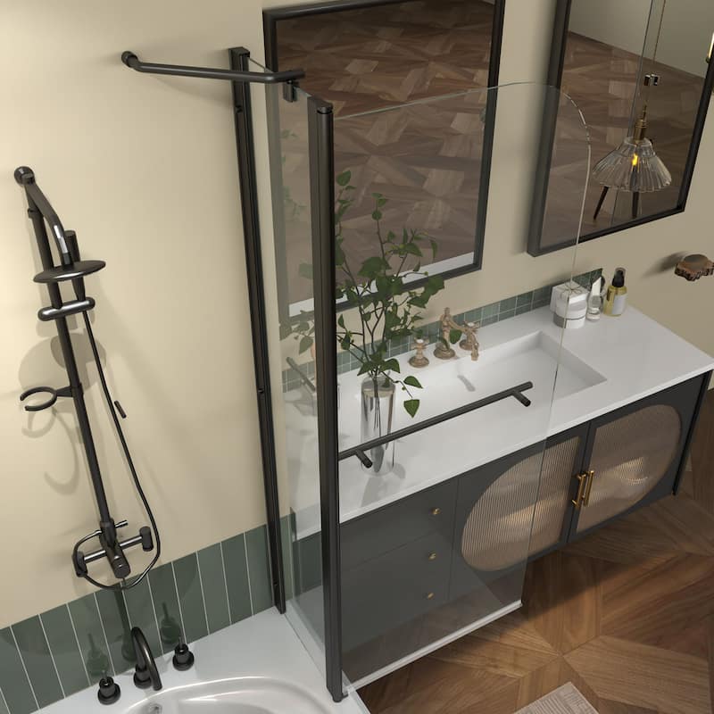 58''H Bathtub 6mm Tempered Glass Frameless Shower Door, Fixed Glass Half Panel in Black