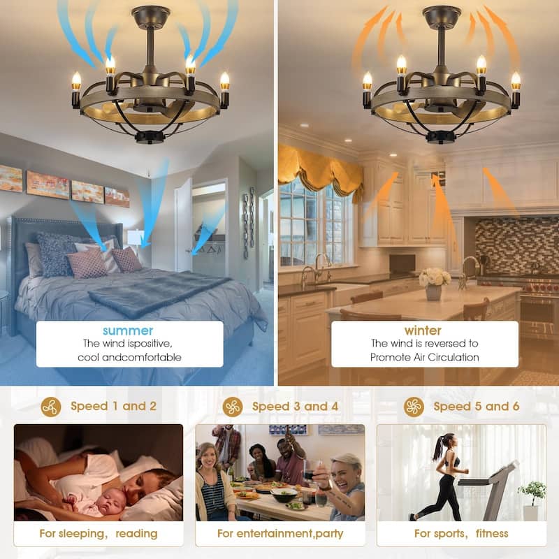 23 Inch Modern Chandelier LED Ceiling Fan with Remote,Wood Grain Caged Fandelier DC Motor For Bedroom