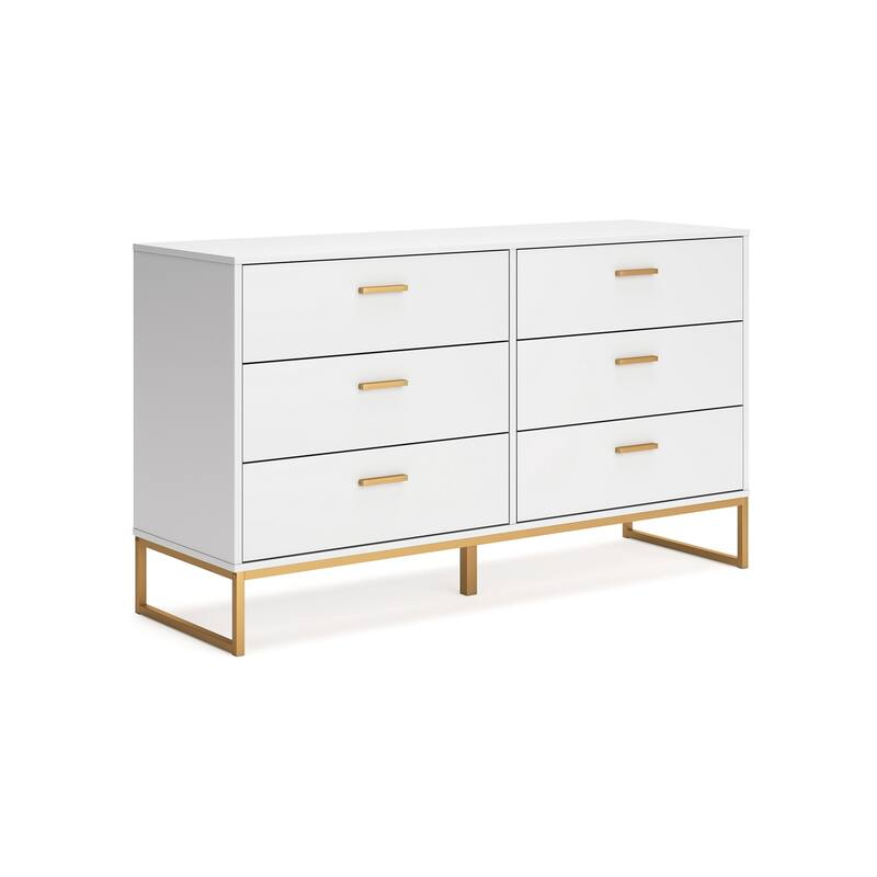 Alli Wide Dresser, 6 Drawers, Matte White Wood, Gold Metal, 59 Inch