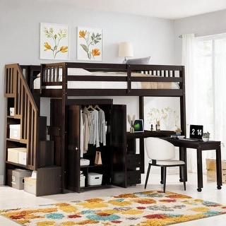 Twin Size Loft Bed with Stairs, Bookshelf, Drawers, Desk & Wardrobe