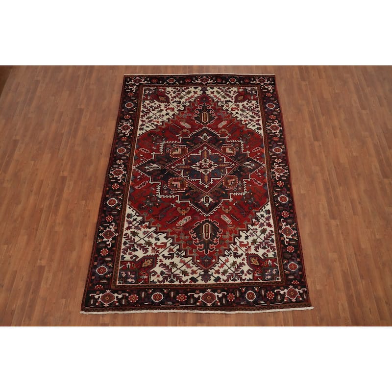 Hand Knotted Oriental 100% Wool Carpet Traditional Medallion Red Heriz Area Rug - 9' 10'' X 6' 7''