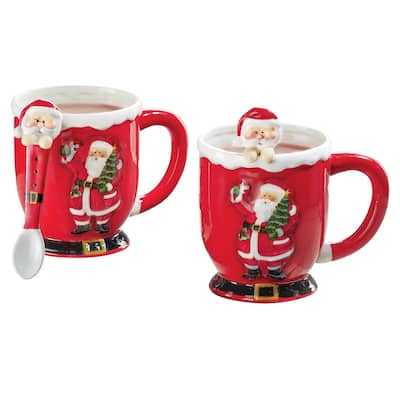 Red Santa Mugs with Spoons - Set of 2 - 11.250 x 5.750 x 5.500