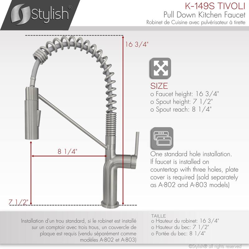 STYLISH Stainless Steel Single Handle Pull Down Sprayer Kitchen Faucet - Faucet Height: 16 3/4" | Spout Height: 7 1/2"