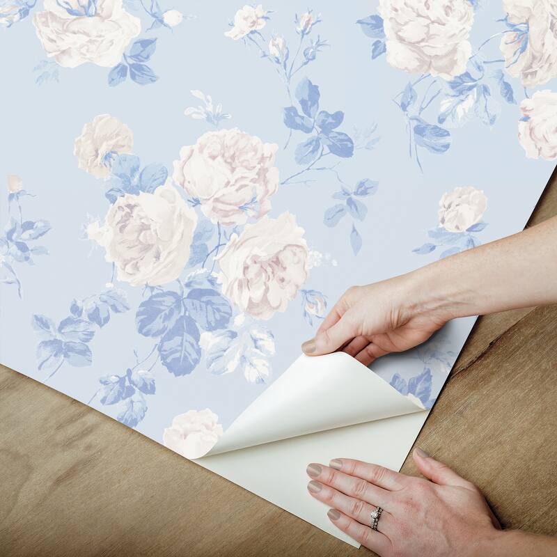 LoveShackFancy NuWallpaper Everblooming Rosettes Whisper Blue Cabbage Rose Bouquets Peel and Stick Wallpaper