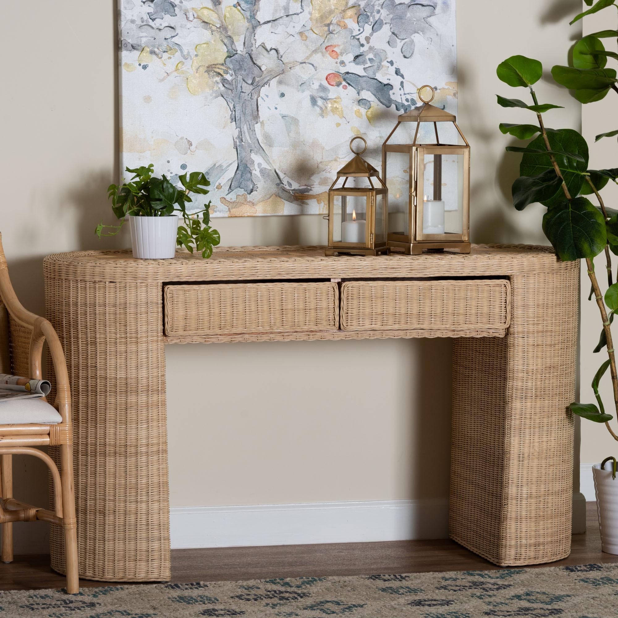 Mimi Natural Rattan Checkered Console Table with Drawer