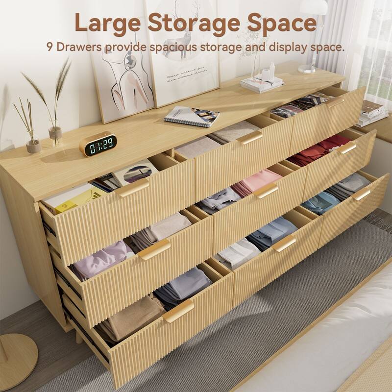 Gymojoy 9 Drawer Dresser, 63" Wide Fluted Wood Chest of Drawers with Gold Handles, Modern Storage Organizer for Closet