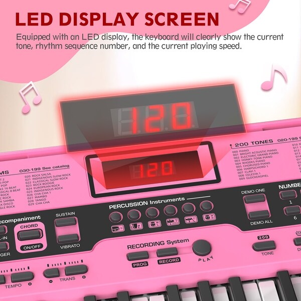 61-Key Pink Electric Keyboard Piano for Beginners with Stand