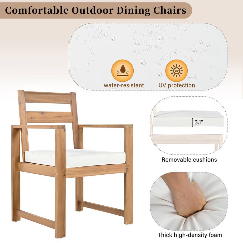 7-Piece Outdoor Patio Acacia Wood Dining Set with Umbrella Hole, 2 Armchairs and 4 Side Chairs