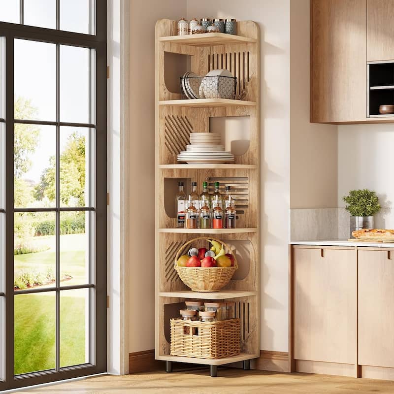 6-Tier Narrow Corner Shelf Stand, 71-Inch Rustic Tall Corner Bookshelf