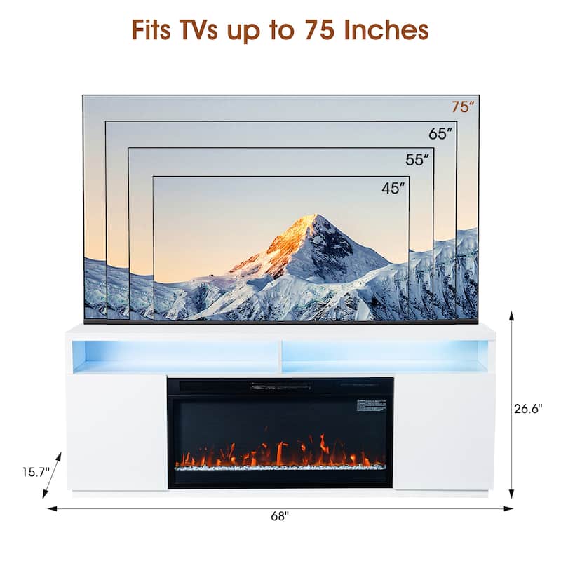 68" Modern RGB LED White TV Stands Console with 36" Fireplace