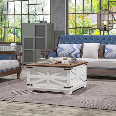 HOMCOM Farmhouse Coffee Table with Storage, Center Table with Hinged Lift Top and Hidden Space, Square Coffee Table