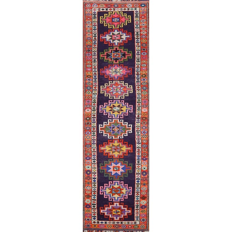 Navy Blue Anatolian Oriental Vintage Runner Rug Handmade Wool Carpet - 2'10"x 12'0"