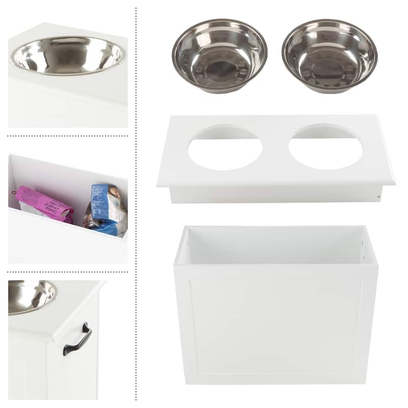 Petmaker White Elevated Dog Food and Water Bowls with Storage Space - White