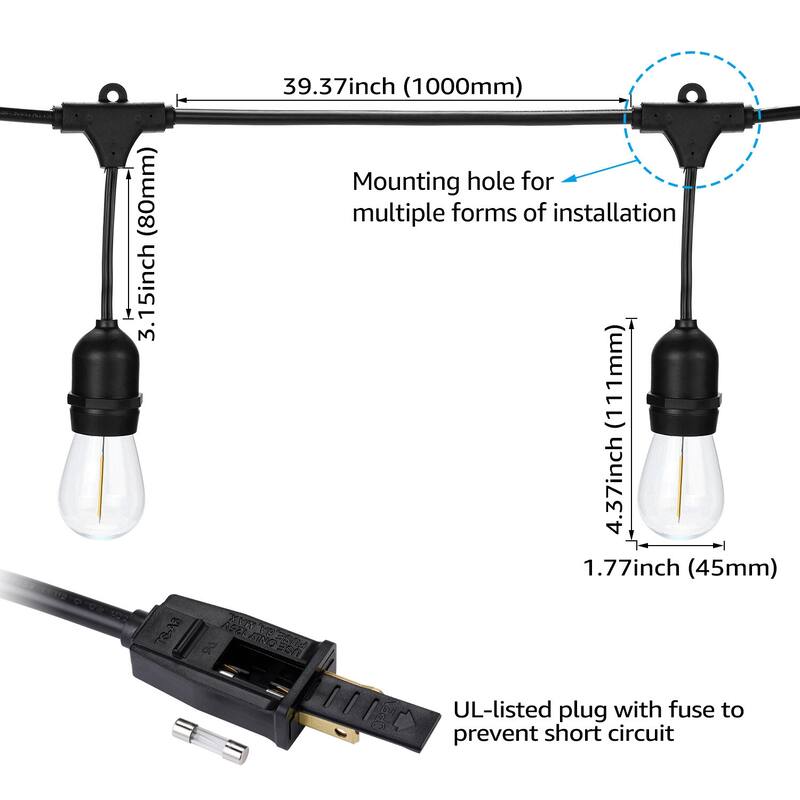 50ft Weatherproof String Lights, Bulbs Included, 15/24 Sockets