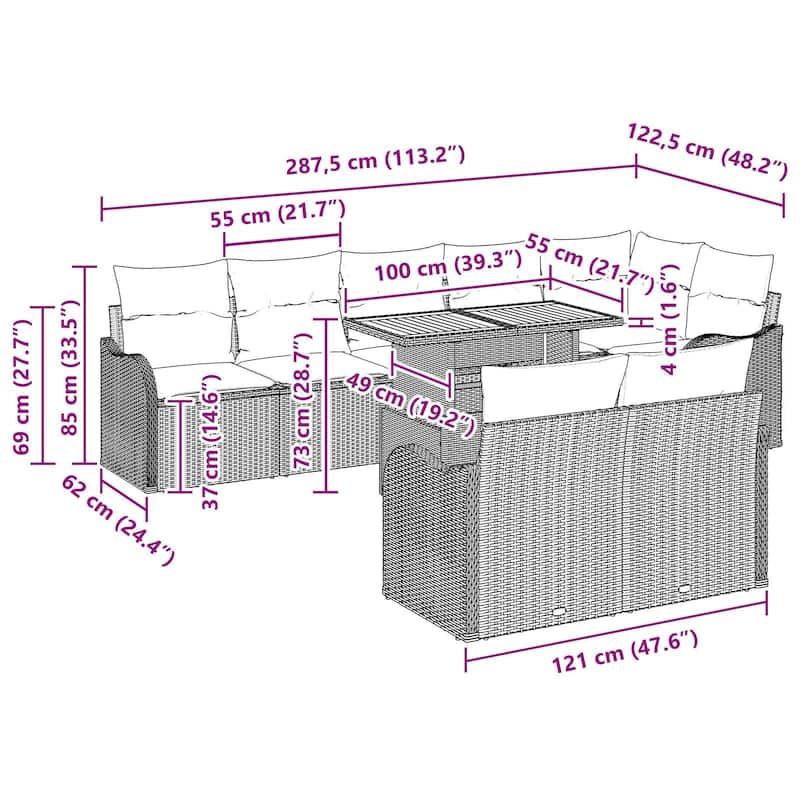 vidaXL 9 Piece Garden Sofa Set with Cushions - 113.2×48.2×27.2
