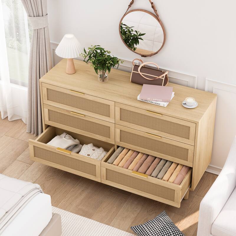 Anmytek Natural 51.18 Inch Rattan Storage Cabinet with 6 Drawers White Drawer Slides for Bedroom Living Room
