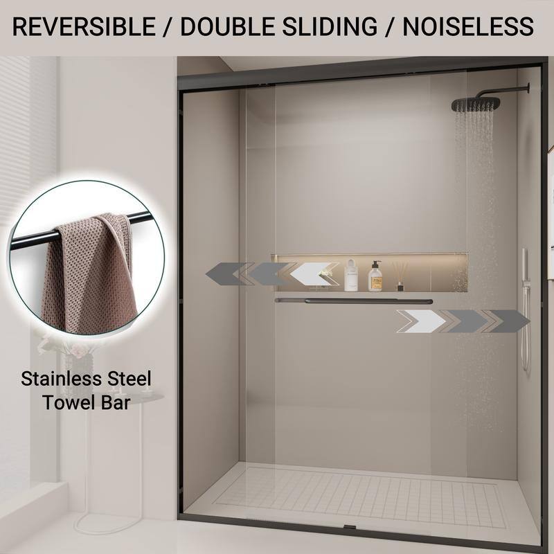 ABRUZZO 56-60" W x 72" H Semi-Frameless Double Sliding Tempered Glass Shower Door with Dual Towel Bars