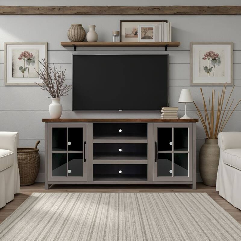 Bridgevine Home Modern Farmhouse 67 inch TV Stand Console for TVs up to 80 inches, No Assembly Required, Two-Tone Finish