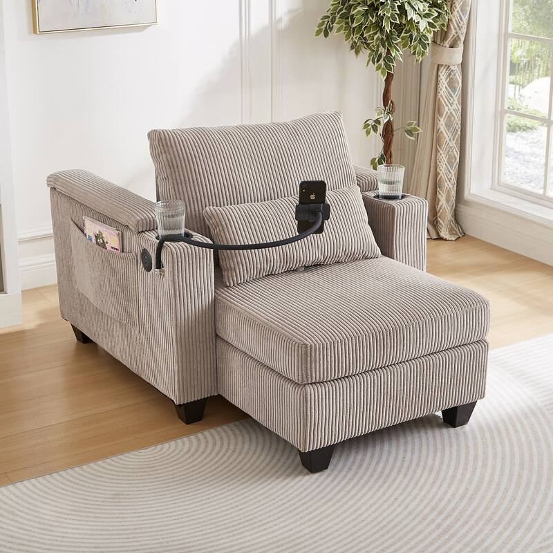 Convertible Chaise Lounge 37.4" Sofa Chair Sofa Bed Corduroy Sleeper Sofa with USB Ports, Two Cup Holders