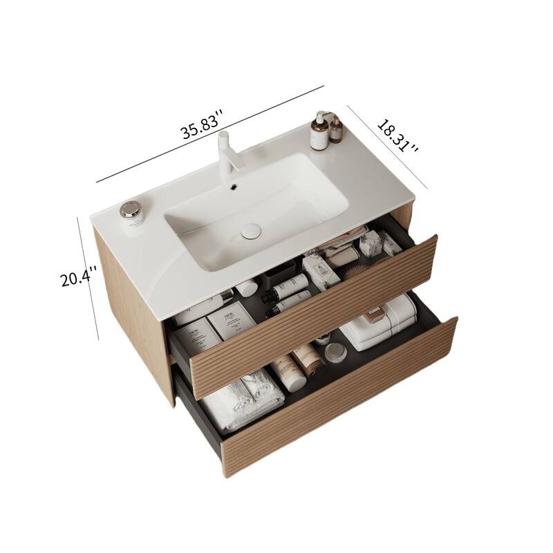29" Bathroom Vanity with Premium Glossy White Ceramic Sink, Corolla Oak Grain Cabinet, Large Storage Drawers